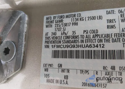 2017 Ford Escape Se z USA, uszkodzony, nr VIN 1FMCU9G93HUA63412